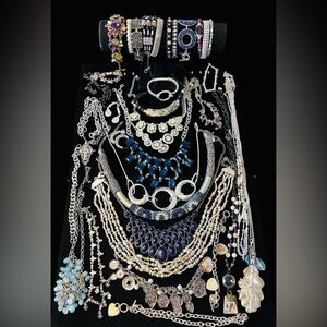 Vintage & Modern Gold Tone Boho Blue Accent Necklace & Bracelet Lot of 29